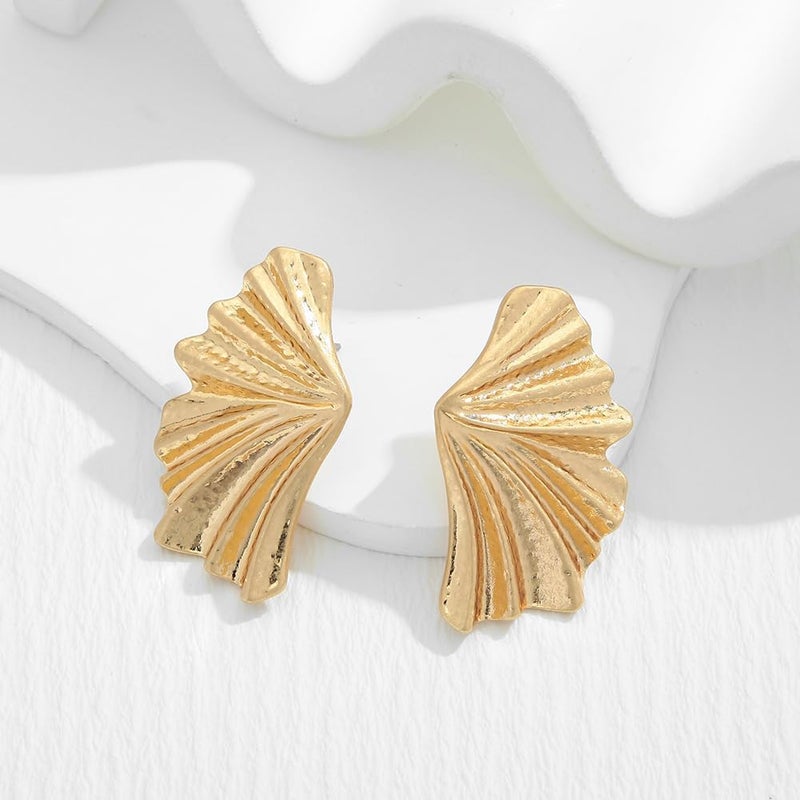 FAUTHENTICUTE Chunky Gold Statement Earrings For Women Gold Plated Sectored Flower Leaf Shell Angel Wing Earrings Large Stud Earrings Hypoallergenic Earrings - Image 4